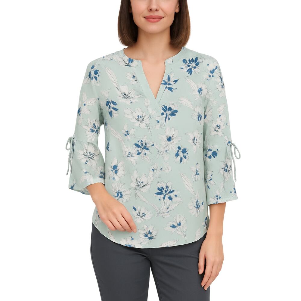 41 Hawthorn Floral Bell Sleeve Blouse Blue Split Neck NWOT Size XS Petite